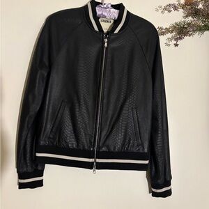 L’AGENCE Black Lamb Leather Bomber Jacket Embossed Varsity Trim NWT M